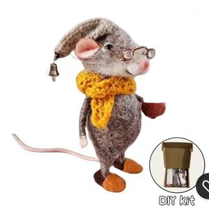 Source Unknown Felted Mouse with Yellow Scarf and Bell